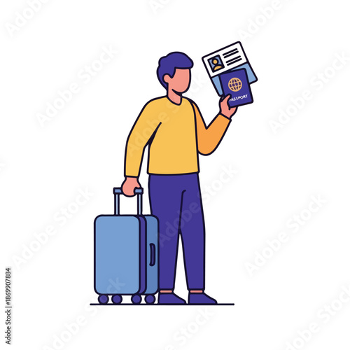 A smiling businessman standing at the airport with his luggage represents a professional traveler embarking on a business trip or vacation journey