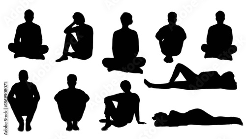 Silhouettes of people in various sitting, squatting, and reclining positions on a white background