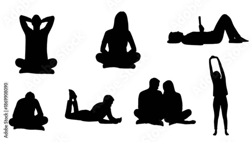 Diverse human silhouettes in various poses representing relaxation, leisure, and daily activities