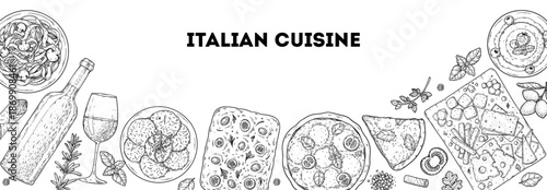 Italian cuisine top view frame. Italian food. Vector drawing illustration. Set of sketches of Italian dishes. Food menu design template. Not AI generated.