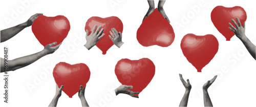Set of halftone hands and hearts. Valentine's Day collage conception. Realistic vector illustration. Collection isolated on background.