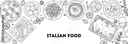 Italian cuisine top view frame. Italian food. Vector drawing illustration. Set of sketches of Italian dishes. Food menu design template. Not AI generated.