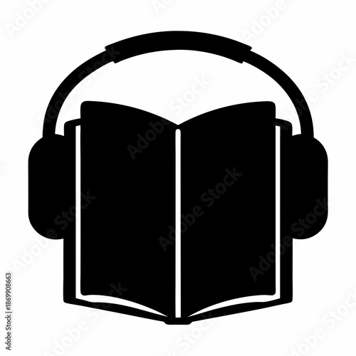 Black Silhouette of Open Book and Headphones Represents Listening to Audiobooks