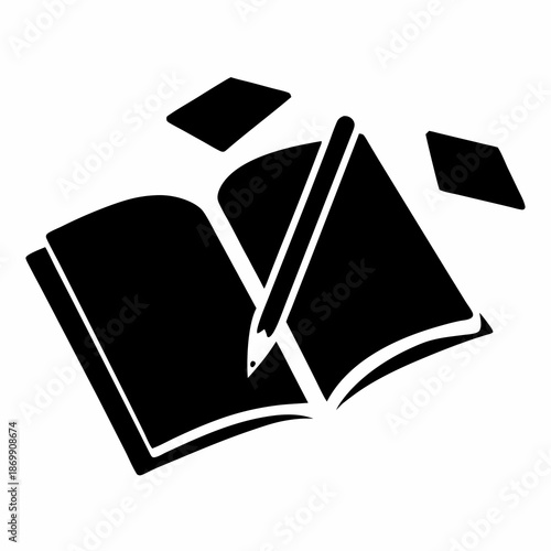 An opened book with a pencil on it, and two diamond shapes