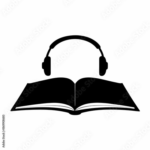 Audiobook icon depicting open book with headphones, suitable for podcasts