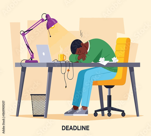 A young man sleeps slumped over a desk with a laptop facing the pressures of a deadline