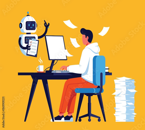 A person works at a desk with a floating robot assistant amidst flying papers and a chaotic workspace