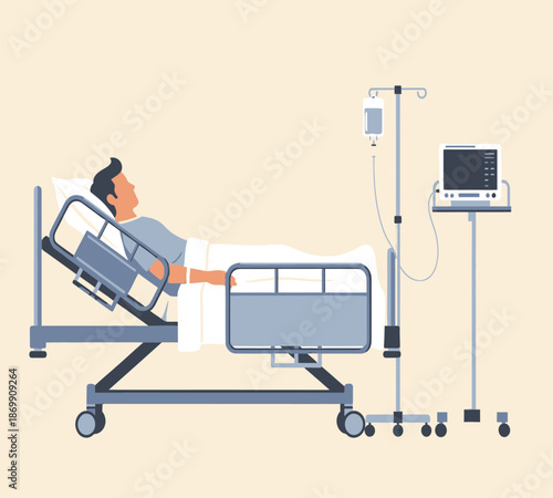 A patient lies in a hospital bed receiving intravenous fluids and being monitored with medical equipment