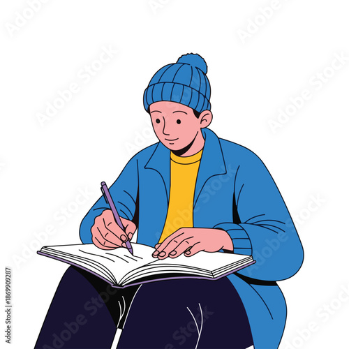 A smiling schoolboy sitting and reading a book reflects the joy of learning and education for a young student focused on his study and homework