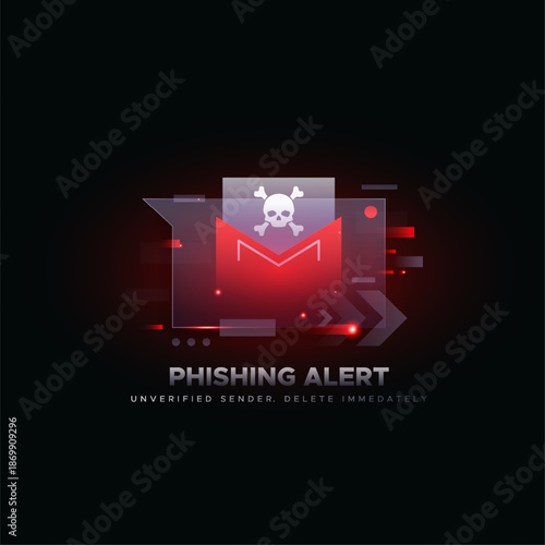 Phishing alert notification with email icon and skull symbol on dark futuristic background. Cyber security concept for unverified sender, mail fraud, and digital data protection awareness. email