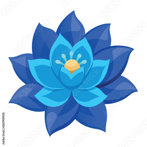 A blue lotus flower with layered petals and a yellow center, flat vector illustration