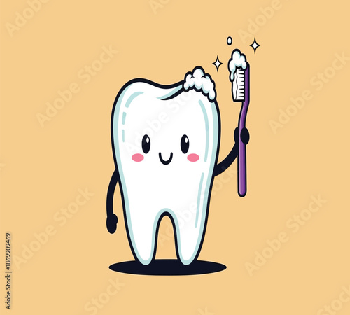 A cheerful cartoon tooth character is happily brushing with a pink toothbrush promoting dental hygiene