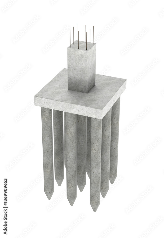 Fototapeta premium Pile foundation with pile cap and reinforced concrete column, 3D render isolate