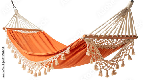 Vibrant orange hammock with intricate macrame details