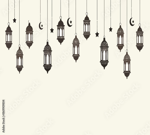 A collection of ornate dark brown lanterns and crescent moons hanging against a beige background providing a serene aesthetic