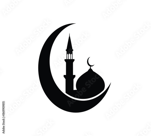 A striking black silhouette showcases an islamic crescent moon embracing a mosque symbolizing faith and devotion