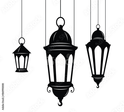 A striking depiction of three ornate black lanterns suspended from above on thin delicate lines