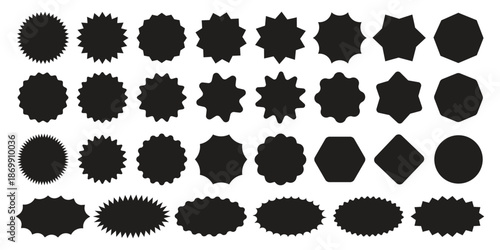 Set of circles with zigzag edges, Sunburst sticker shapes, Rounded starburst zigzag, circle shapes & star shapes offer price tag, discount, sale label, stickers, Star or sunburst silhouettes vector