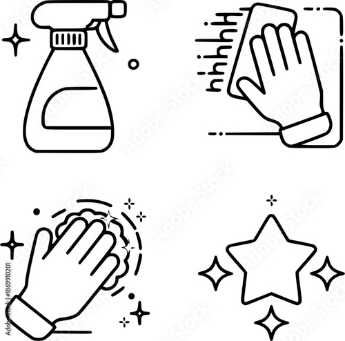 Black and white outline vector illustration of house cleaning symbols with spray, wiping hand, foam and sparkle. Ideal for cleaning services, apps and instructional graphics.