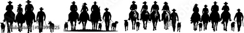 Vector silhouettes of cowboys walking with horses and dogs. Western ranch scene with people in hats and animals, ideal for country, rodeo and western themed designs.