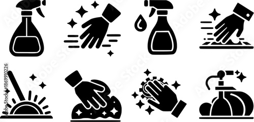Silhouette black vector icon set of cleaning actions and tools including spray bottles, wiping hands, scrubbing and washing. Ideal for housekeeping, hygiene and service design.