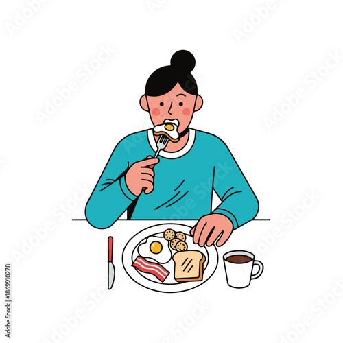 A young man enjoys a delicious pizza meal at a restaurant table, featuring a lifestyle illustration of a person eating a plate of food in a cartoon vector style