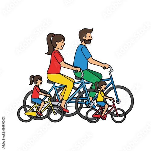 A happy family including a father and son enjoy a fun cycling recreation as the man and boy ride their bikes together in this colorful vector illustration of people in sport