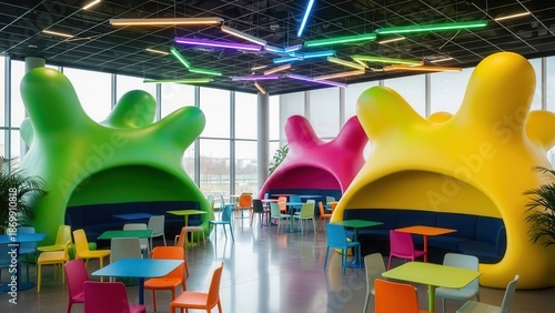Modern office interior with colorful blob-like booths and vibrant furniture providing a playful and collaborative workspace