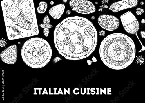 Italian cuisine top view frame. Italian food. Vector drawing illustration. Set of sketches of Italian dishes. Food menu design template. Not AI generated.