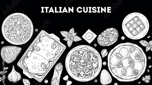 Italian cuisine top view frame. Italian food. Vector drawing illustration. Set of sketches of Italian dishes. Food menu design template. Not AI generated.