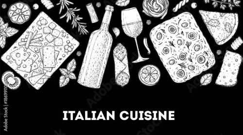 Italian cuisine top view frame. Italian food. Vector drawing illustration. Set of sketches of Italian dishes. Food menu design template. Not AI generated.