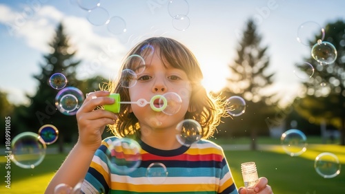Young boy with curly hair blowing bubbles outdoors in a sunny park creating a cheerful childhood scene