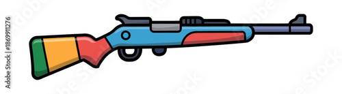 Colorful toy rifle illustration featuring segmented stock in primary and secondary colors against white.