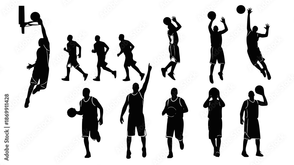 Fototapeta premium Basketball male silhouettes. Vector images of male basketball silhouettes. Transparent background PNG version.