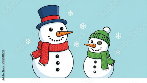 Two snowmen standing together in a winter scene from a front viewpoint
