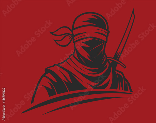 Red ninja warrior silhouette logo with  sword. Minimal vector illustration for gaming,  and martial arts branding. Powerful Japanese assassin emblem on dark red background.