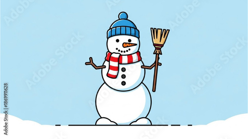 A cheerful snowman stands alone in a serene winter landscape with a broom in hand and a vibrant scarf, set against a clear blue sky.