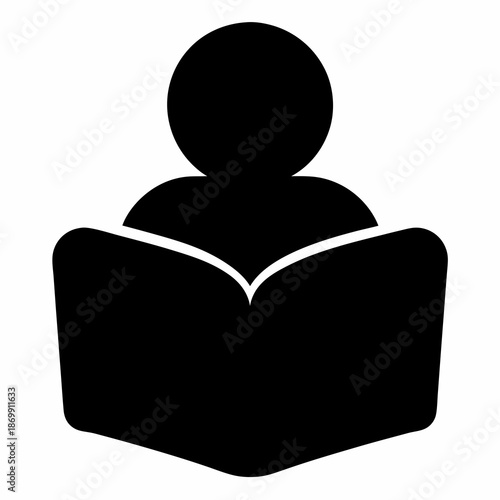 A simple black silhouette image of a person reading an open book