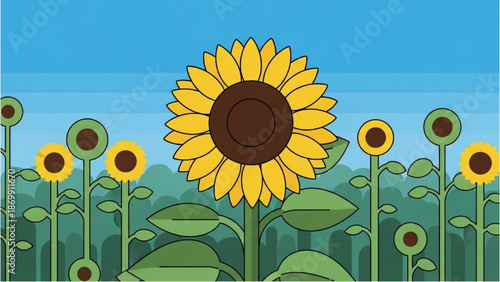 A vibrant sunflower stands tall among others in a lush green field under a clear blue sky