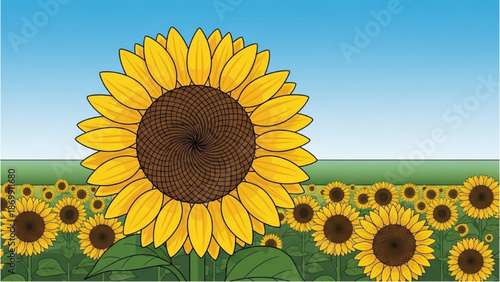 A vibrant sunflower stands tall amidst a field of sunflowers under a clear blue sky