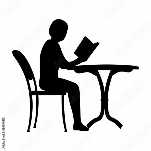 Silhouette of a person reading a book at a table, illustration art