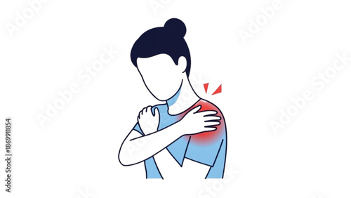 Woman experiencing shoulder pain while holding her shoulder with a highlighted area indicating discomfort