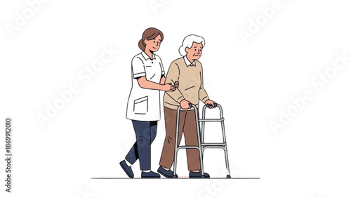 Caregiver assisting an elderly person with a walker, providing support and care