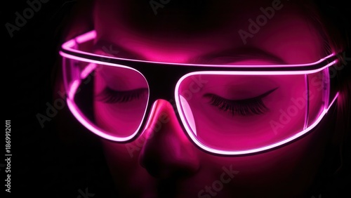 Close up of person wearing glowing pink neon outlined futuristic safety glasses or visor in complete darkness
