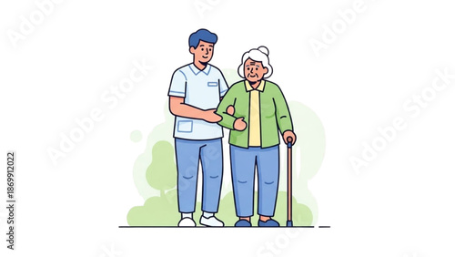 A young man assisting an elderly person with a cane standing together outdoors