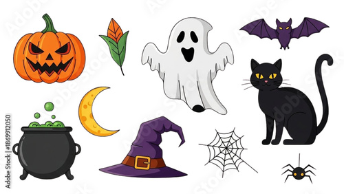 A collection of Halloween-themed illustrations featuring a ghost, cat, and witch's hat against a white background