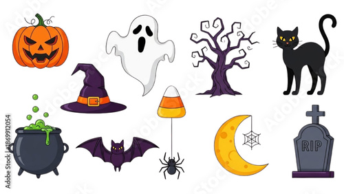 A collection of Halloween-themed illustrations featuring a ghost, witch hat, and other spooky elements under a moonlit night sky
