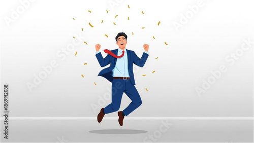 Man in blue suit celebrating success with confetti around him