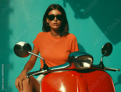 Stylish woman wearing sunglasses poses confidently on a classic scooter against a vibrant teal background