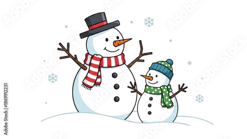A cartoon illustration of a snowman and a small snow child standing together in a snowy landscape wearing scarves and hats from a frontal viewpoint